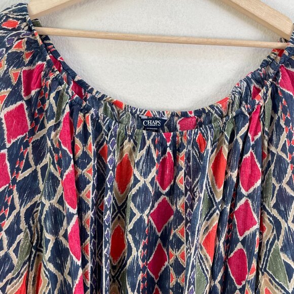 Chaps Womens Plus 3X Ikat Peasant Top Long Sleeve Boho Blouse Shirt - Picture 6 of 7